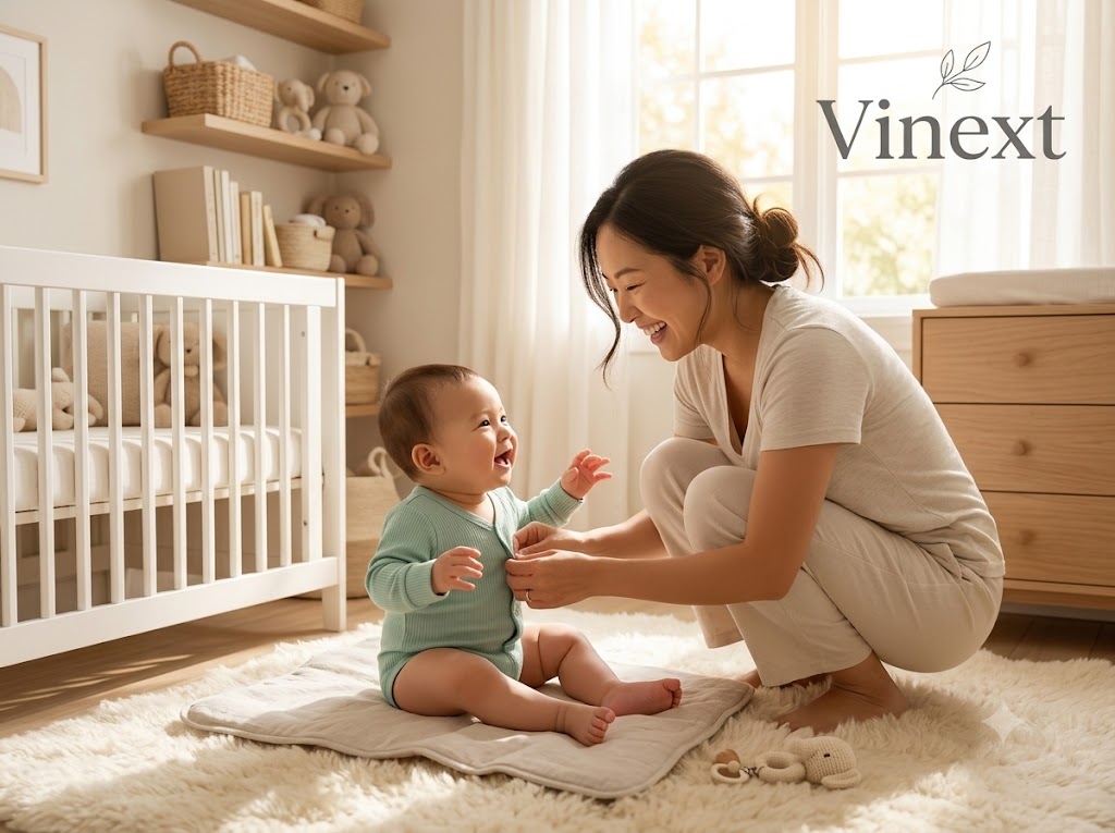 Mẹ và bé tương tác hạnh phúc cùng trang phục làm từ vải Vinext